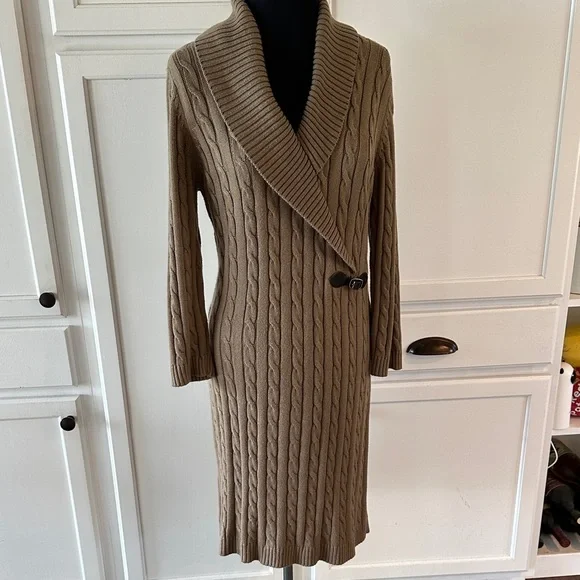 Calvin Klein Cable Knit Shawl Collar Sweater Dress with Brown Buckle Detail - Picture 1 of 8